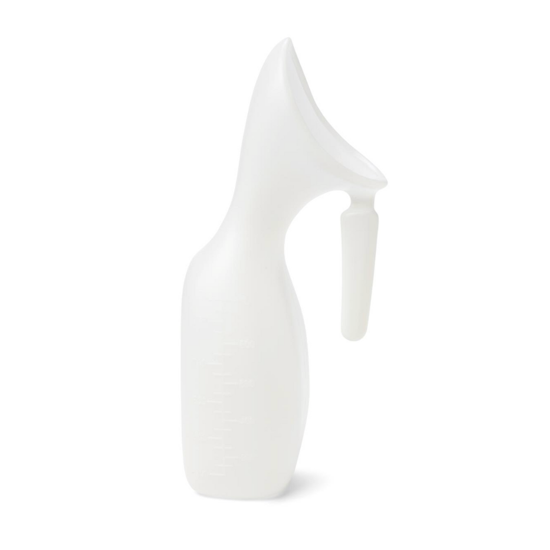 The Medline Translucent Female Urinals feature a white plastic body with a curved spout and ergonomic handle, offering easy use and portability—a practical choice for homecare needs.