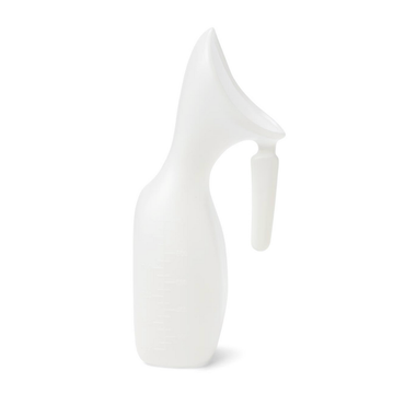 The Medline Translucent Female Urinals feature a white plastic body with a curved spout and ergonomic handle, offering easy use and portability—a practical choice for homecare needs.