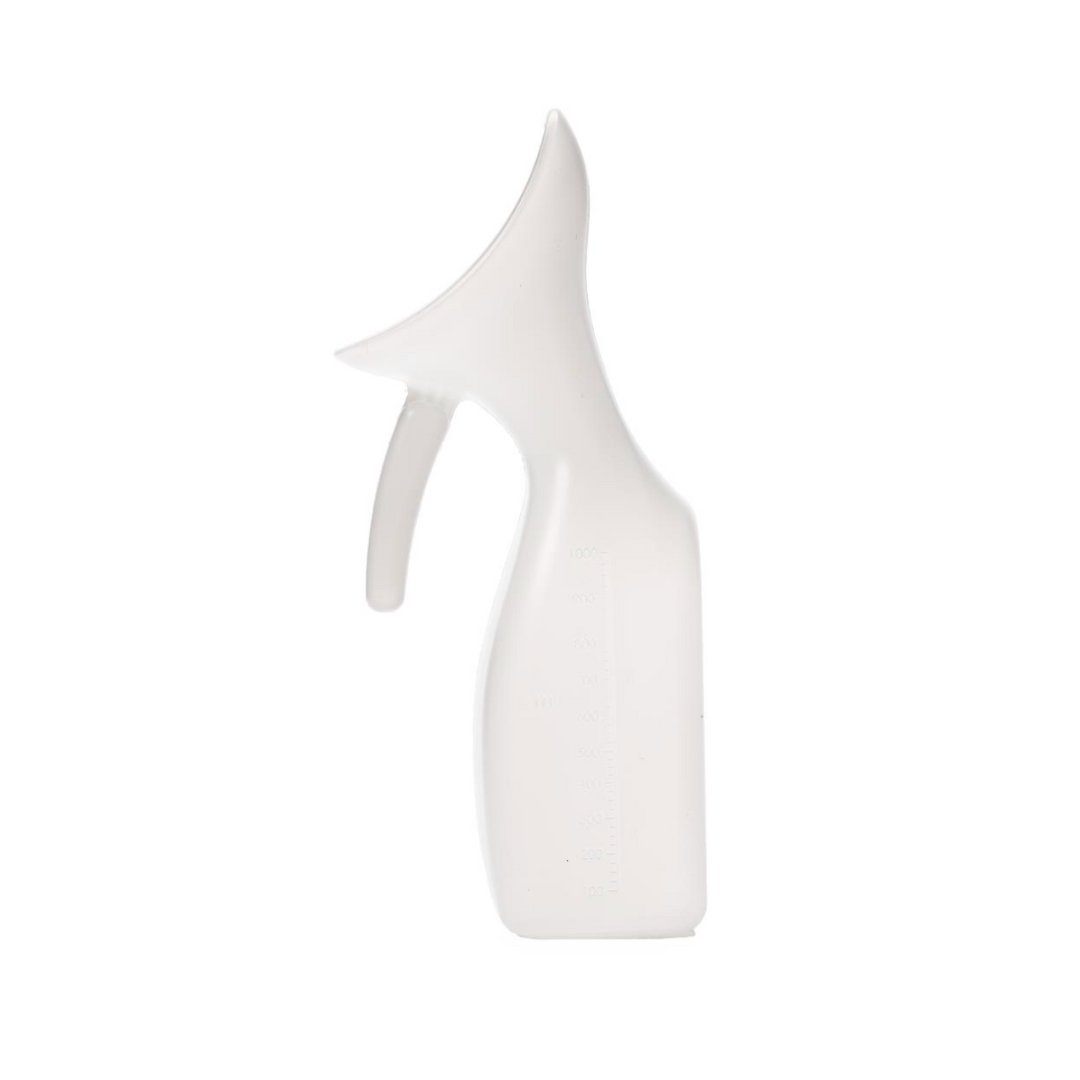 Medline Translucent Female Urinals: a white spray bottle with a curved nozzle and handle, perfect as a female or bedside urinal in homecare settings. Shown in profile against a plain white background.