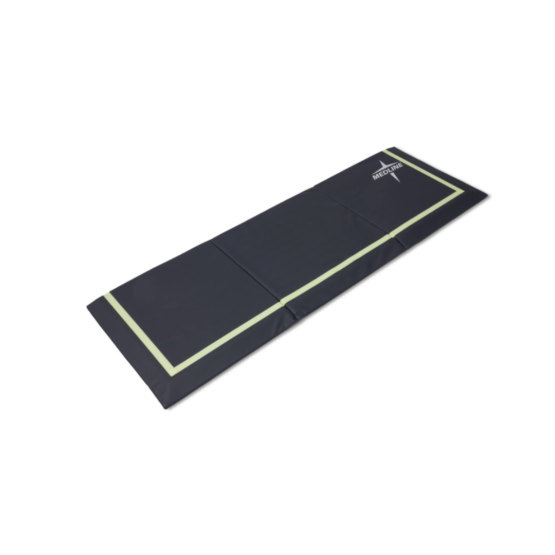 The Medline Trifold Beveled Edge Fall Mat with Glow is black with light green borders and a logo in the corner, shown on a white background.