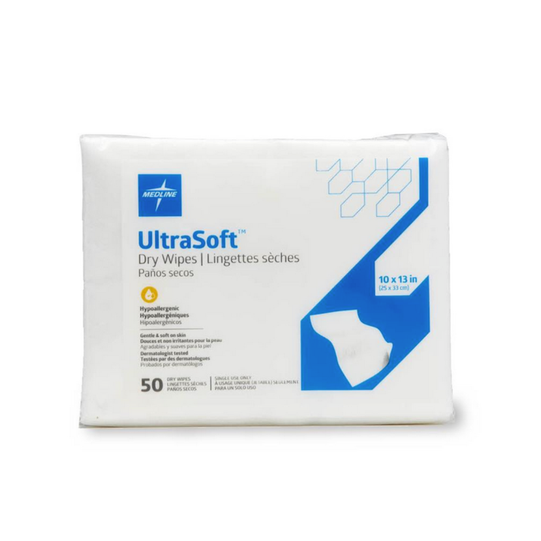 A white pack of Medline Ultrasoft Disposable Dry Cleansing Cloths with blue accents, featuring multilingual info (English, French, Spanish), contains 50 wipes (10" x 13") ideal for incontinence care.