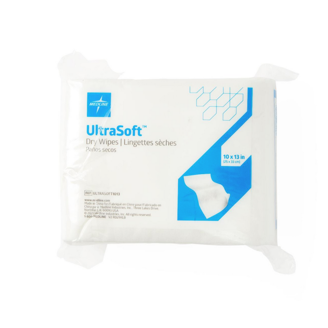 A pack of Medline Ultrasoft Disposable Dry Cleansing Cloths, 10 x 13 inches, ideal for incontinence care. White and blue packaging features English, French, and Spanish text plus a window showing the sensitive skin wipes inside.
