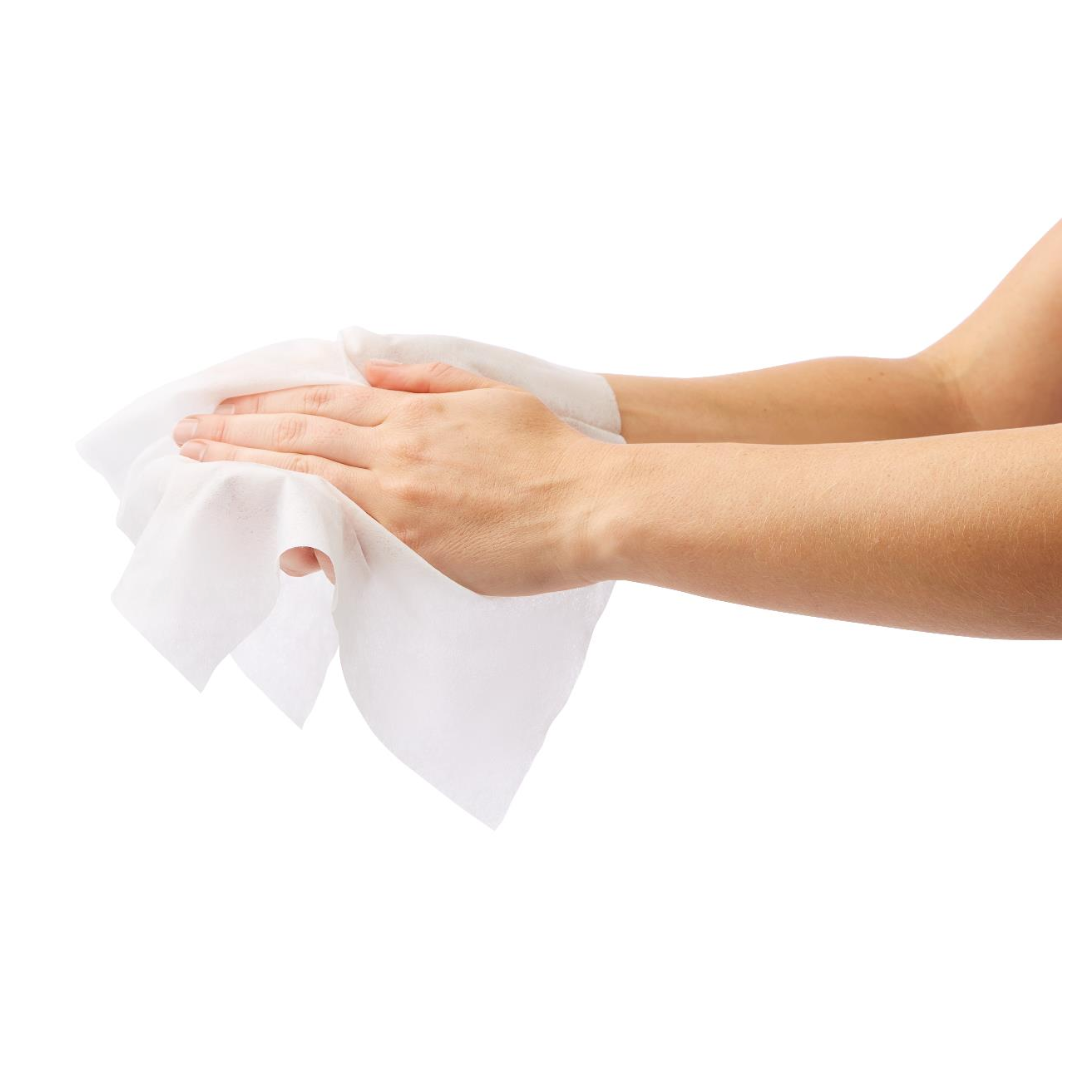 Two hands are wiping with a Medline Ultrasoft Disposable Dry Cleansing Cloth against a white background, highlighting these gentle wipes ideal for sensitive skin and incontinence care.