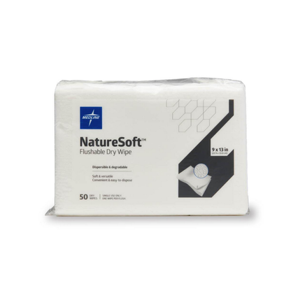A package of Medline Ultrasoft Disposable Dry Cleansing Cloths includes 50 fragrance-free, 9 x 13 inch wipes. These soft, gentle wipes are ideal for sensitive skin, versatile for incontinence care, and easy to dispose of.