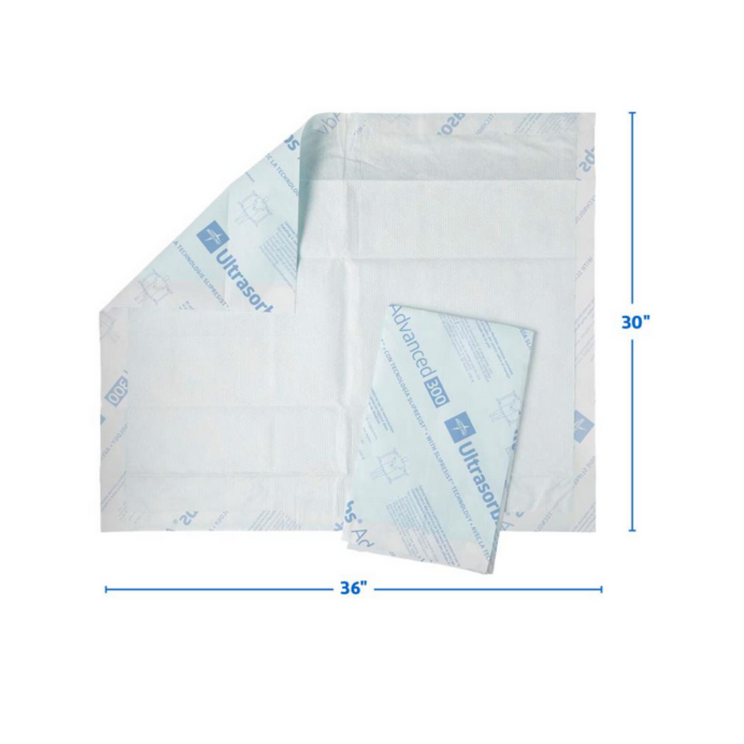 Two disposable Medline Ultrasorbs Advanced Premium Underpads, one folded and one unfolded, measure 30 x 36 and feature blue printed “Ultrasorbs” and “Advanced” labels. They offer advanced absorbent technology for incontinence management.