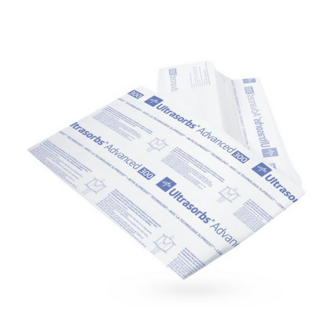 A Medline Ultrasorbs Advanced Premium Underpad, 30 x 36, with blue text and icons is shown partially unfolded on a white background, highlighting its advanced absorbent technology for effective incontinence care.