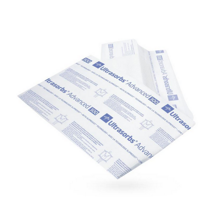 A Medline Ultrasorbs Advanced Premium Underpad, 30 x 36, with blue text and icons is shown partially unfolded on a white background, highlighting its advanced absorbent technology for effective incontinence care.