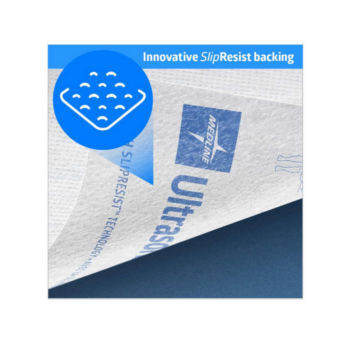 The Medline Ultrasorbs Advanced Premium Underpad (30 x 36) is shown partially lifted to reveal a blue surface. A graphic highlights its textured, dotted SlipResist backing for advanced incontinence management.