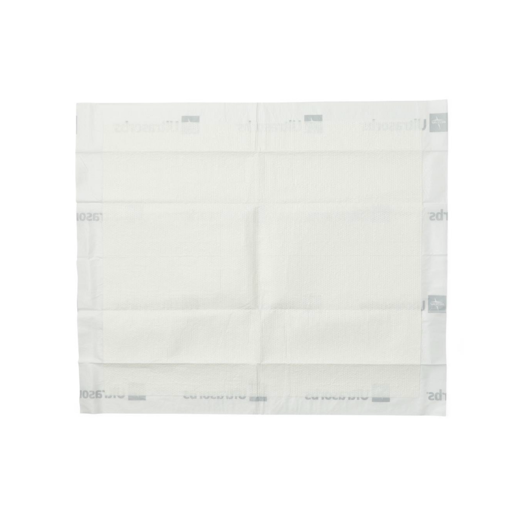 The Medline Ultrasorbs Premium Underpads - Superabsorbent is a square, white, air-permeable underpad with a textured center and smooth, reinforced edges, shown flat on a white background for superior moisture protection.
