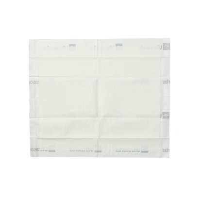 The Medline Ultrasorbs Premium Underpads - Superabsorbent is a square, white, air-permeable underpad with a textured center and smooth, reinforced edges, shown flat on a white background for superior moisture protection.