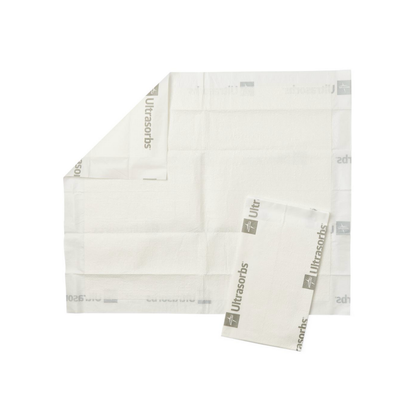 Two Medline Ultrasorbs Premium Underpads - Superabsorbent are shown, one folded and one unfolded, both with gray Ultrasorbs branding on the edges. These air-permeable pads appear on a plain white background.