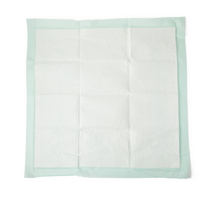 The Medline Disposable Fluff and Polymer Underpads - Heavy Absorbency features a quilted white absorbent center with a pale green border, providing excellent absorbency and moisture protection. The underpad lies flat and unfolded, displaying its grid pattern surface.