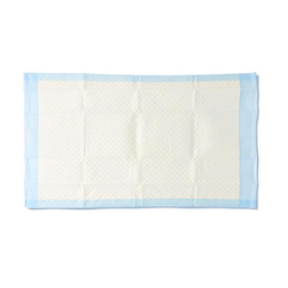 The Medline Disposable Fluff and Polymer Underpads, designed for heavy absorbency, feature a rectangular quilted texture with a white center and blue edge, offering superior moisture protection.