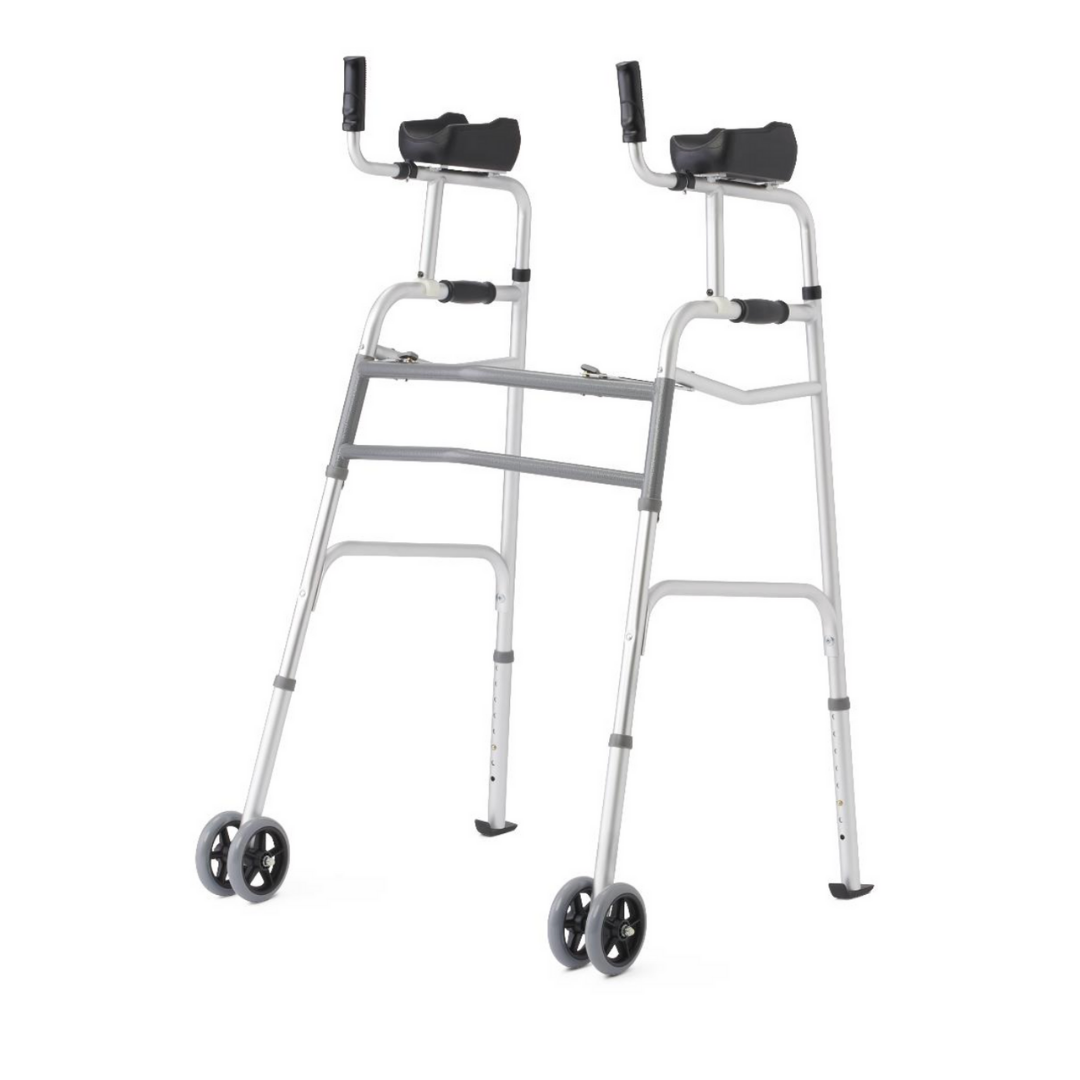 The Medline Upright Folding Walker with Wheels features a lightweight silver aluminum frame, black padded forearm platforms, hand grips, two front wheels, and rubber-tipped rear legs.