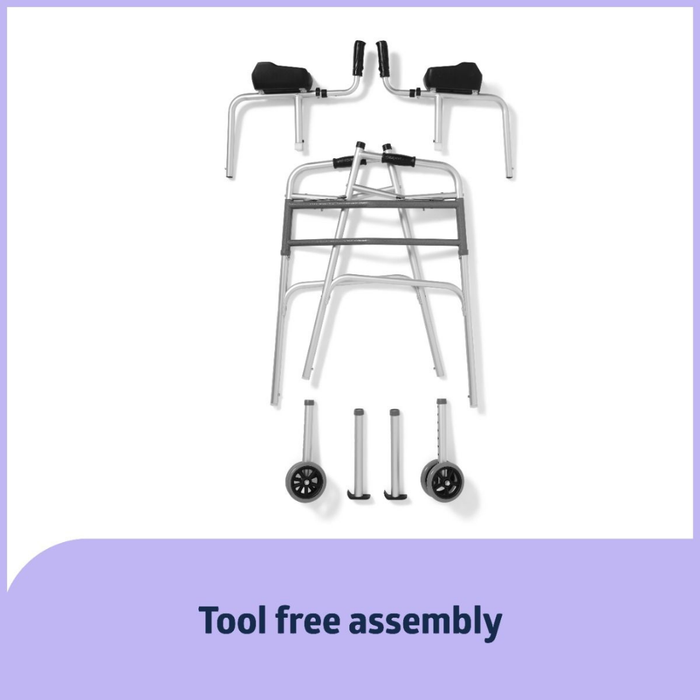 Parts of the Medline Upright Folding Walker with Wheels—including handles, lightweight aluminum frame, and wheels—are shown on a white background above the text “Tool free assembly.”.
