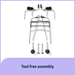 Parts of the Medline Upright Folding Walker with Wheels—including handles, lightweight aluminum frame, and wheels—are shown on a white background above the text “Tool free assembly.”.