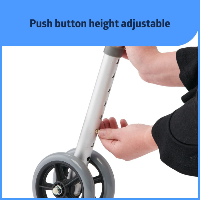 A person adjusts the height of a Medline Upright Folding Walker with Wheels by pressing a button on its lightweight aluminum frame with multiple holes. Text at the top reads, Push button height adjustable.