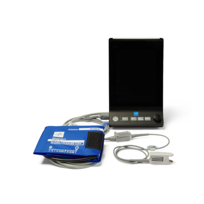 The Medline Vital Signs Monitor with Blood Pressure and SpO₂ features a large black display, a blue blood pressure cuff, and two gray sensor clips attached by cables, all arranged on a white surface. This versatile device serves as both a blood pressure monitor and an SpO₂ monitor, providing comprehensive patient assessment capabilities.