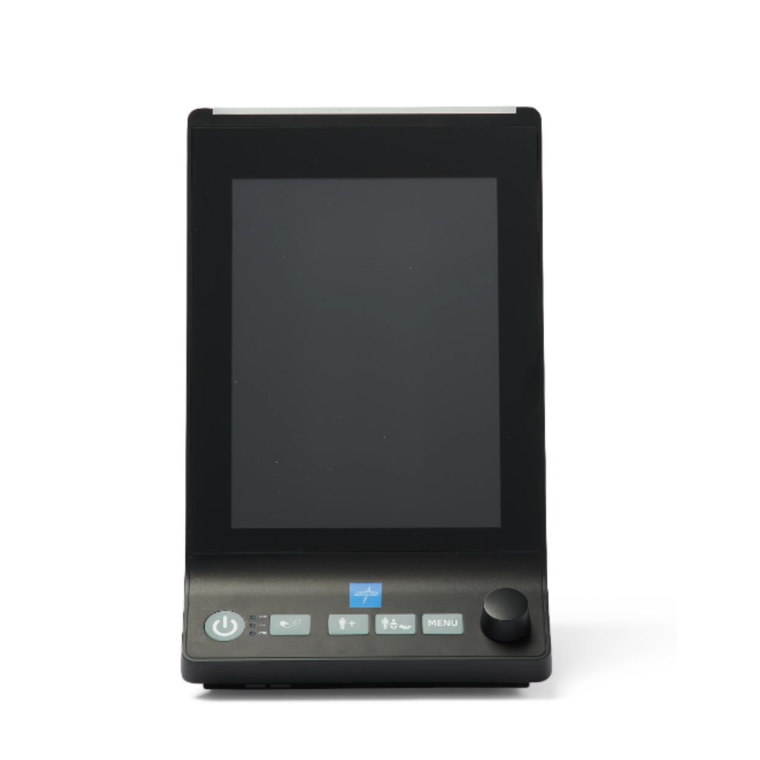 A Medline Vital Signs Monitor with Blood Pressure and SpO2, featuring a black touchscreen tilted upward and control buttons with a knob below the display on its base, designed as a modern vital signs monitoring device.
