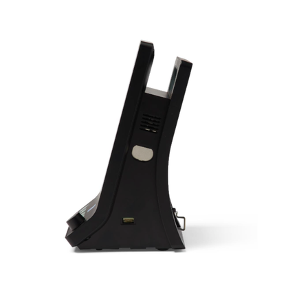 A side view of a black Medline Vital Signs Monitor with Blood Pressure and SpO2, featuring a slanted screen, ventilation slots, a silver button, and a USB port near the base, set against a white background—ideal for clinical or personal use.