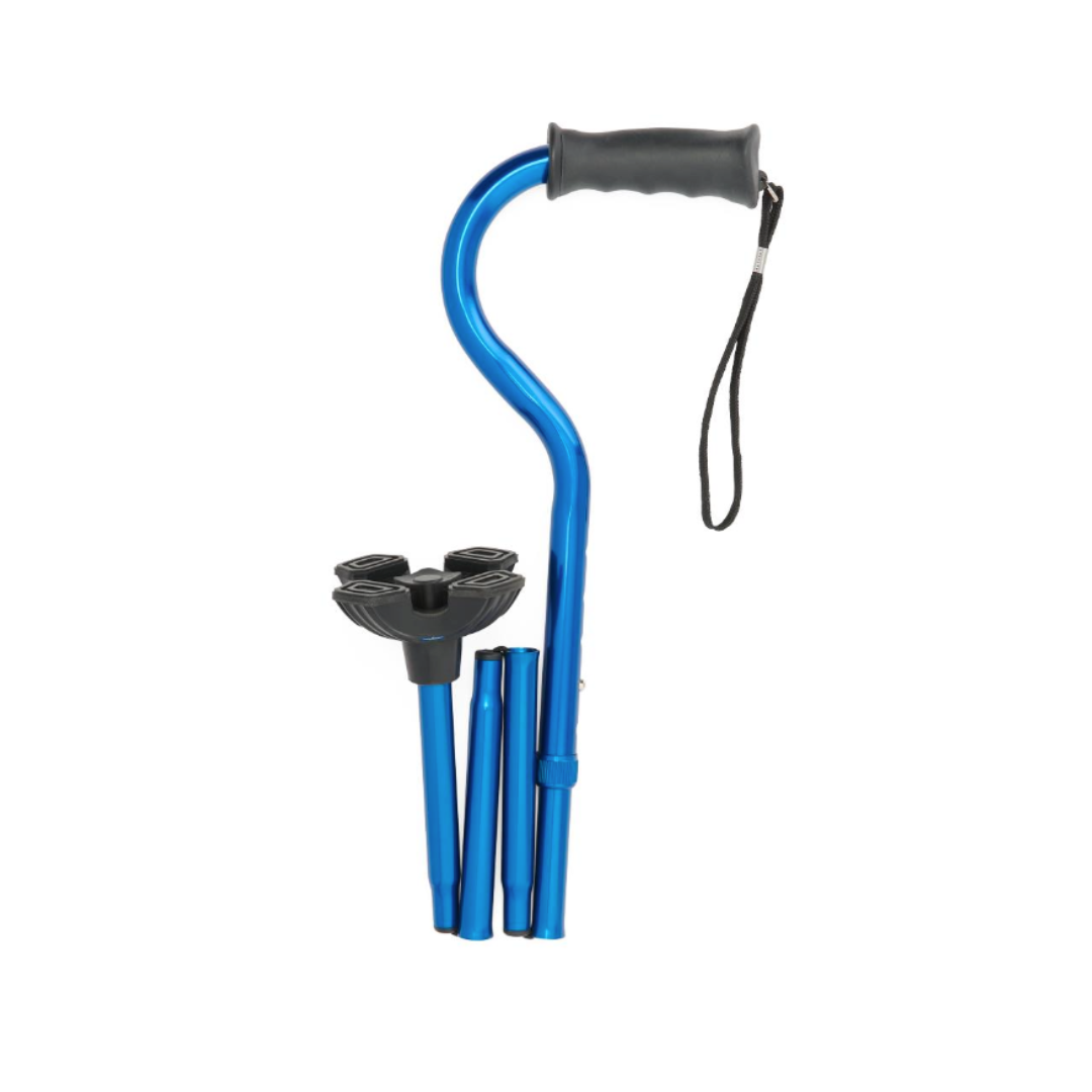 The Medline Walk Steady Kit for Caregivers includes a blue folding hybrid cane with a black ergonomic handle, wrist strap, and stable four-pronged base—shown collapsed—making it an ideal addition to your walker and cane bundle.