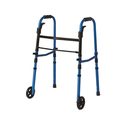 The Medline Walk Steady Kit for Caregivers is a blue and black foldable walker with two front wheels, adjustable height legs, and includes a cane—designed to assist with mobility and provide added convenience.