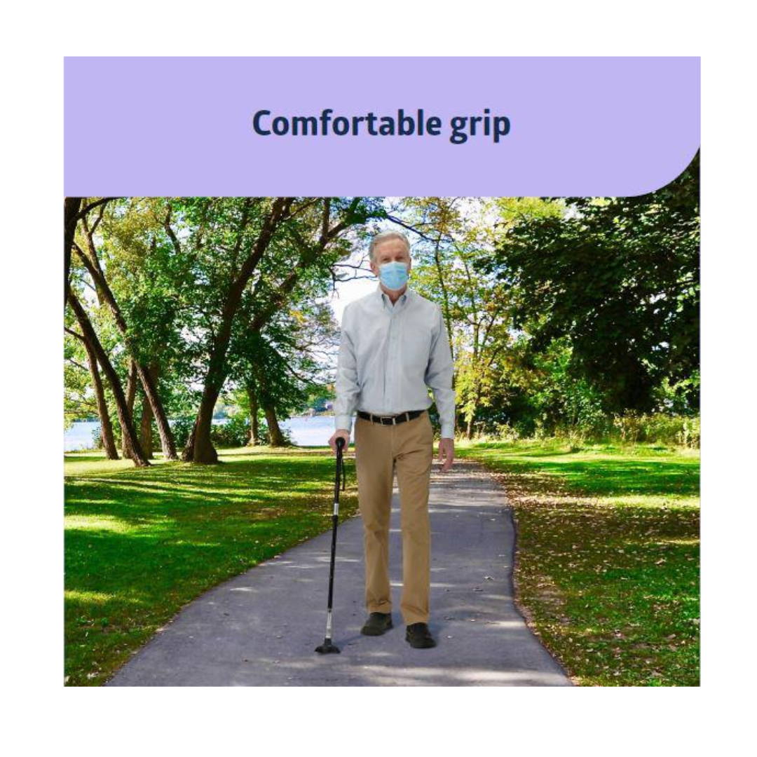 An older man wearing a mask stands on a park path holding the Medline Walk Steady Kit for Caregivers - Walker and Cane Bundle. Trees and grass surround him. The phrase "Comfortable grip" appears at the top of the image.