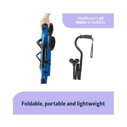 A hand holds the Medline Walk Steady Kit for Caregivers—Walker and Cane Bundle. Foldable, portable, lightweight. The #1 choice in mobility care, featuring a blue walker with wheels and a hybrid cane with cup holders.