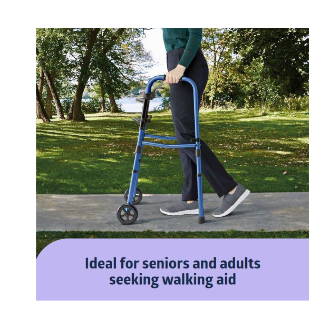 A person uses the Medline Walk Steady Kit for Caregivers—Walker and Cane Bundle on a park sidewalk. Ideal walking aid for seniors and adults. Trees and grass appear in the background.
