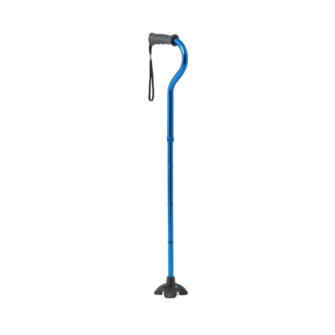The Medline Walk Steady Kit for Caregivers – Walker and Cane Bundle is shown upright on a white background, featuring a blue adjustable cane with a black ergonomic handle, wrist strap, and wide quad base for stability.