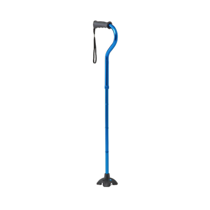 The Medline Walk Steady Kit for Caregivers – Walker and Cane Bundle is shown upright on a white background, featuring a blue adjustable cane with a black ergonomic handle, wrist strap, and wide quad base for stability.