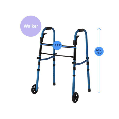 The Medline Walk Steady Kit for Caregivers - Walker and Cane Bundle features a blue foldable walker with two front wheels, adjustable height from 32.5 to 39.5 inches, and a width of 16.75 inches. "Walker" appears highlighted in a purple circle.