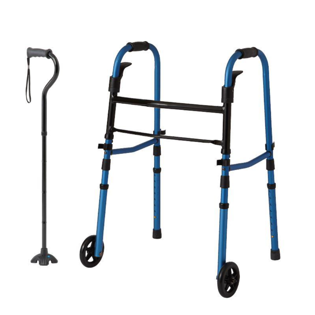 The Medline Walk Steady Kit for Caregivers includes a foldable walker and a folding hybrid cane, offering enhanced support and convenience.