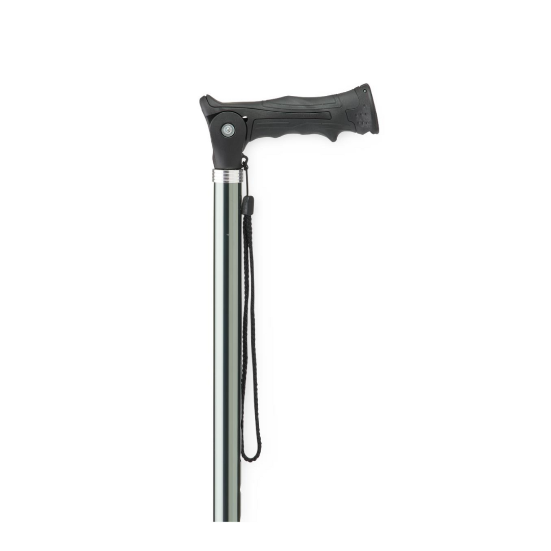 An iron gray Medline Walking Cane/Hiking Stick with a black ergonomic handle and attached wrist strap, shown against a white background.