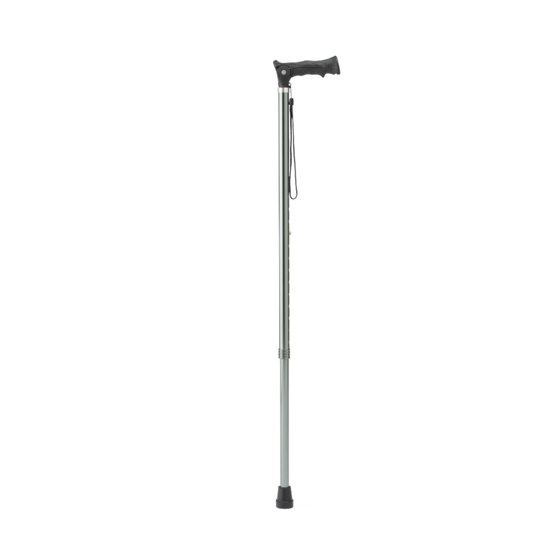 The Medline Walking Cane/Hiking Stick - Iron Gray stands upright with a black handle, wrist strap, and rubber tip against a white background, ready to provide reliable support whether used as a cane or hiking stick.