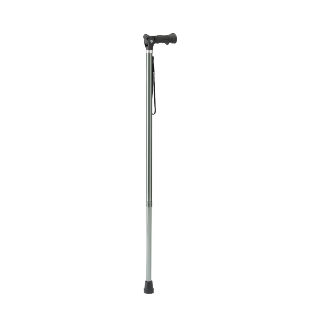 An iron gray Medline Walking Cane/Hiking Stick with a black ergonomic handle, wrist strap, and rubber tip stands upright against a plain white background.