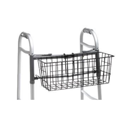 The Medline Wire Walker Basket – Front Hanging Walker Basket attaches to the front of a silver 2-button walker frame, featuring a rust-resistant coating for convenient item carrying and added mobility assistance.