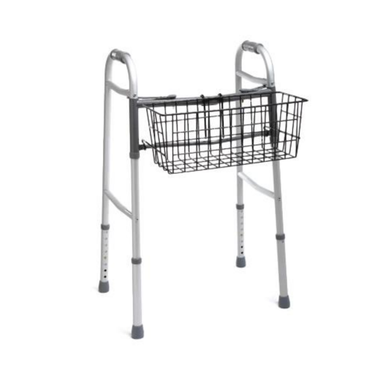 The Medline Wire Walker Basket is a black front-hanging basket designed for 2-button silver walkers with four legs and rubber tips, features a rust-resistant coating, and offers convenient storage for carrying items.