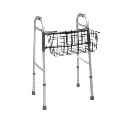 The Medline Wire Walker Basket is a black front-hanging basket designed for 2-button silver walkers with four legs and rubber tips, features a rust-resistant coating, and offers convenient storage for carrying items.