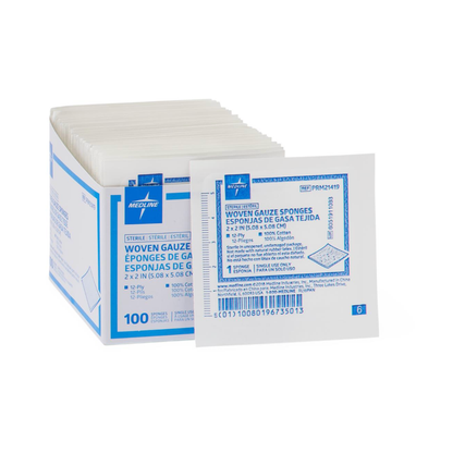 A box of Medline Woven Sterile Gauze Sponges (2x2 inches) holds 100 individually wrapped, sterile sponges for dependable medical use, with one packet displayed in front.