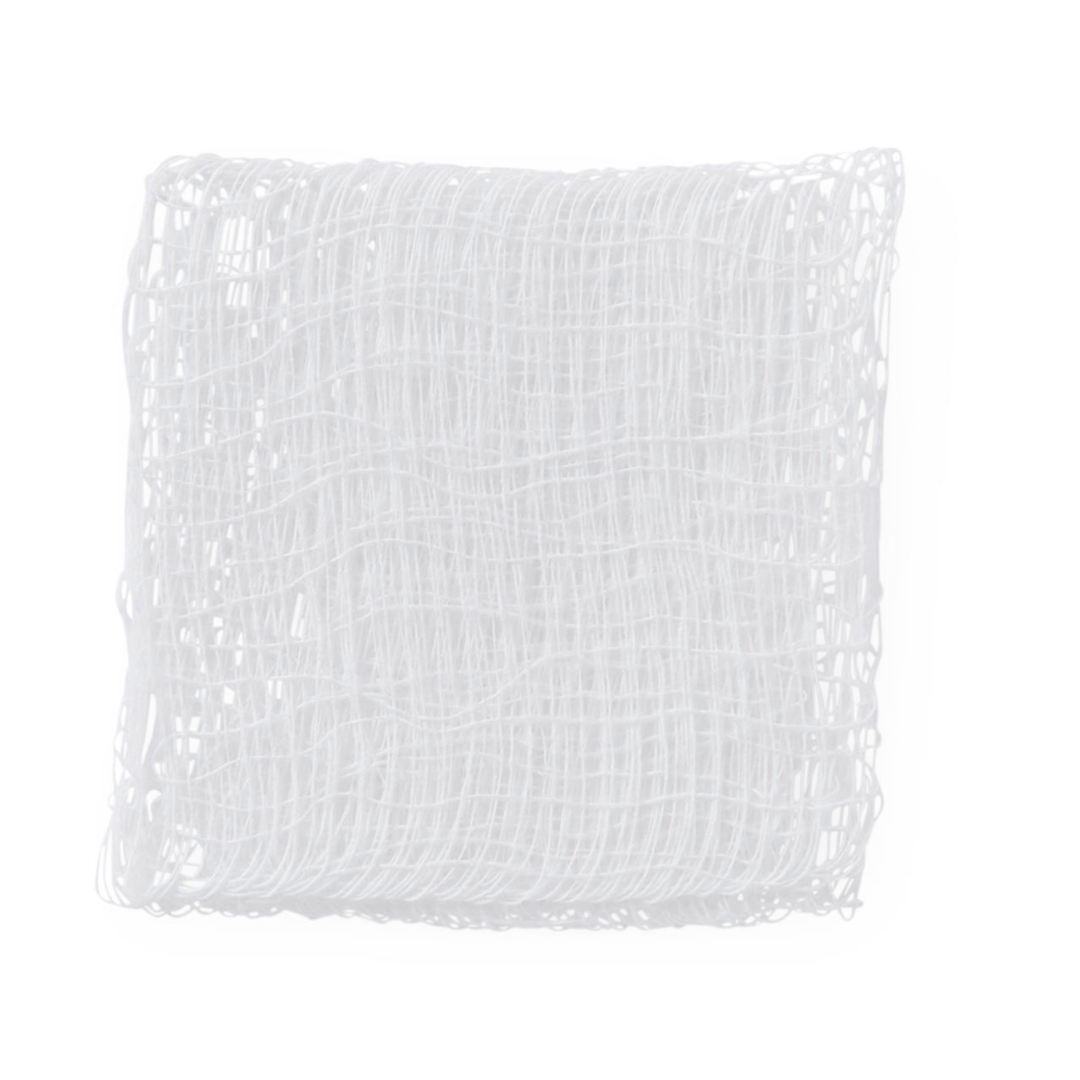 A Medline Woven Sterile Gauze Sponge, white and rectangular with an intricate mesh-like, interwoven pattern, is displayed against a plain white background.