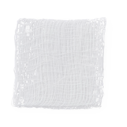 A Medline Woven Sterile Gauze Sponge, white and rectangular with an intricate mesh-like, interwoven pattern, is displayed against a plain white background.