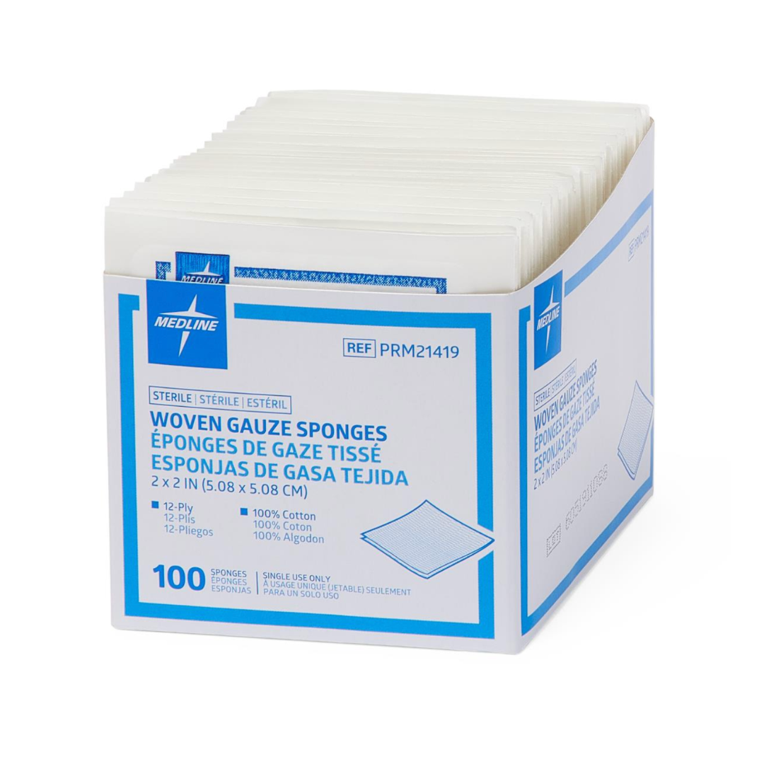 A box of Medline Woven Sterile Gauze Sponges, 2 x 2 in, 12-ply, 100% cotton. Includes 100 sterile sponges in white packaging with blue accents and multilingual information.
