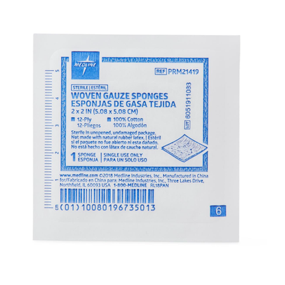 A sterile package of Medline Woven Sterile Gauze Sponges, 2"x2", 12-ply, 100% cotton. The blue and white label displays product details in English and Spanish.