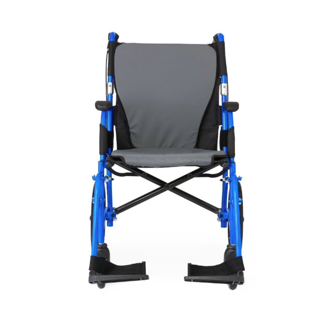 A front view of the Medline Zero G Ultralite Transport Chair featuring a lightweight aluminum frame, blue and gray design, footrests, black armrests, and large wheels on a white background.