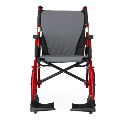 The Medline Zero G Ultralite Transport Chair is grey and black with a lightweight aluminum frame and a foldable design for easy transport.
