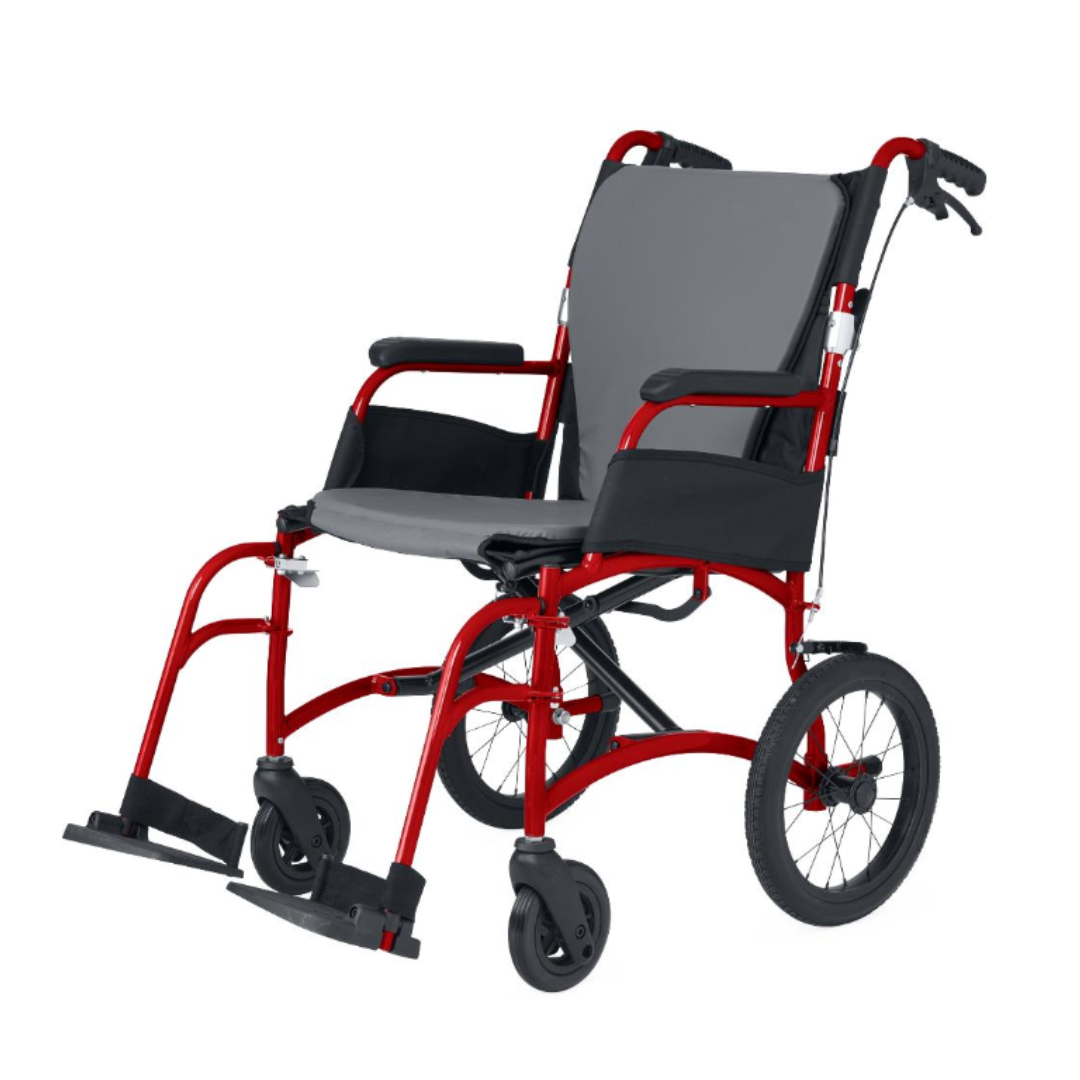 The Medline Zero G Ultralite Transport Chair features a lightweight red and black aluminum frame, four wheels, black armrests, gray seat and backrest, footrests, rear push handles, and a foldable design for easy portability.