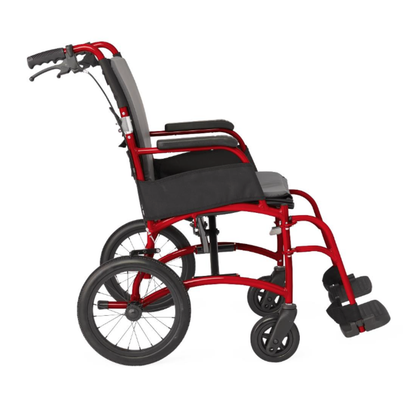 The Medline Zero G Ultralite Transport Chair is shown from the side on a white background. It features a red aluminum frame, black seat, armrests and backrest, large rear wheels, small front wheels, footrests, and a foldable design.