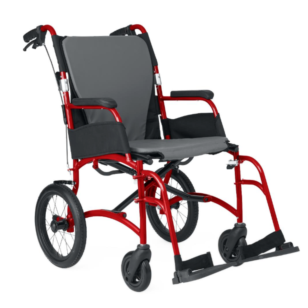 The Medline Zero G Ultralite Transport Chair is a lightweight, red, foldable wheelchair with an aluminum frame, black armrests, footrests, and seat—featuring large rear wheels and small front wheels for easy mobility and transport.