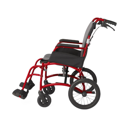 The Medline Zero G Ultralite Transport Chair, shown from the side against a white background, features a lightweight red and black aluminum frame with footrests, padded armrests, and large rear wheels.